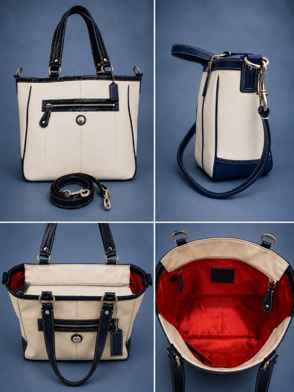 COACH Laura Spectator Carryall Chalk Navy Leather Tote Crossbody Bag - Hang Tag